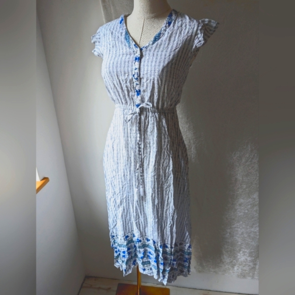 White Floral Rayon Maxi Midi White Sundress Lined Pockets Blue Accent Flowers